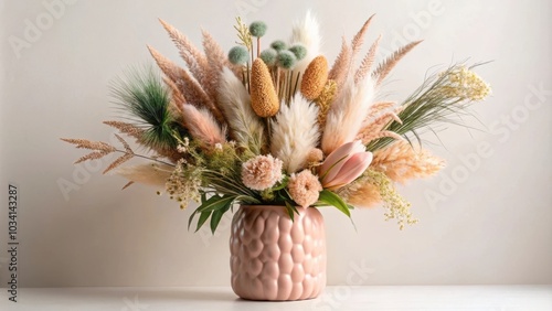 A delicate arrangement of pampas grass, dried flowers, and delicate green foliage in a textured pink vase.