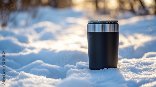 Black mockup tumbler on white winter snow.
