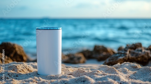 White blank stainless steel white tumbler on the beach.