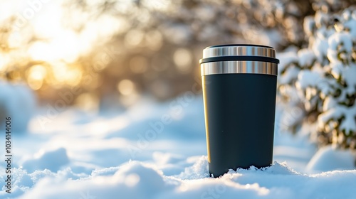 Black mockup tumbler on white winter snow.