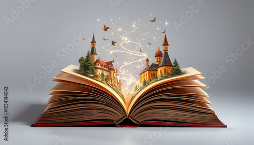 Open book with fairytales and magic lights. Creative design isolated with white highlights, png