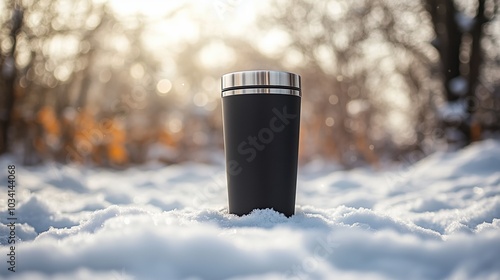 Black mockup tumbler on white winter snow.