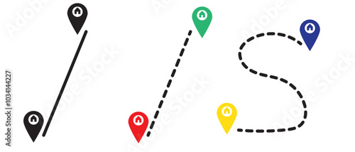 Map and location symbols set. Mapping icon collection. Geolocation map path distance. GPS cartography position. Pinpoint, map search, route, navigator - stock vector.