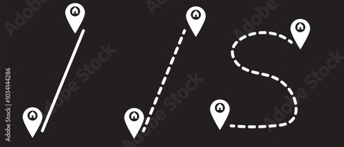 Map and location symbols set. Mapping icon collection. Geolocation map path distance. GPS cartography position. Pinpoint, map search, route, navigator - stock vector.