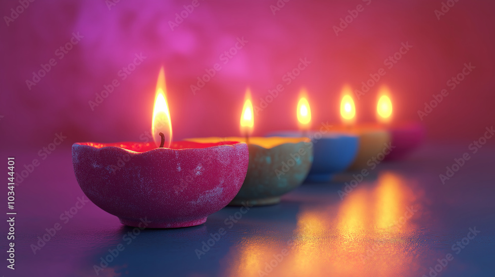 Charming Scene Featuring Lit Clay Diya Lamps Against a Festive Background for Diwali Charming Scene Featuring Lit Clay Diya Lamps Against a Festive Background for Diwali