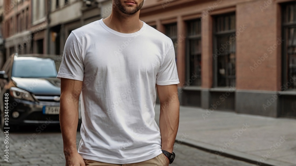 A photo a male model wearing a plain white t-shirt. Concept t-shirt mockup. A photo a male model wearing a plain white t-shirt. Concept t-shirt mockup.
