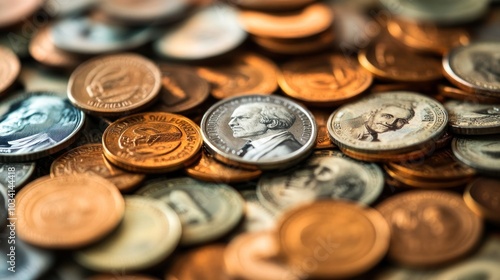 A close-up of various coins scattered on a surface, showcasing currency diversity.