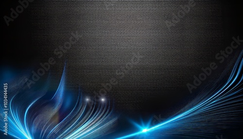 Abstract digital design featuring a blue and black background with lines and waves.