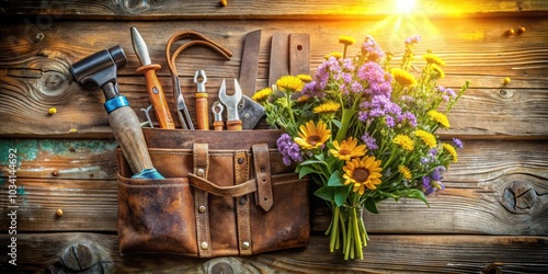 A weathered leather tool belt filled with assorted tools rests against a rustic wooden background, adorned with a vibrant bouquet of wildflowers bathed in warm sunlight.