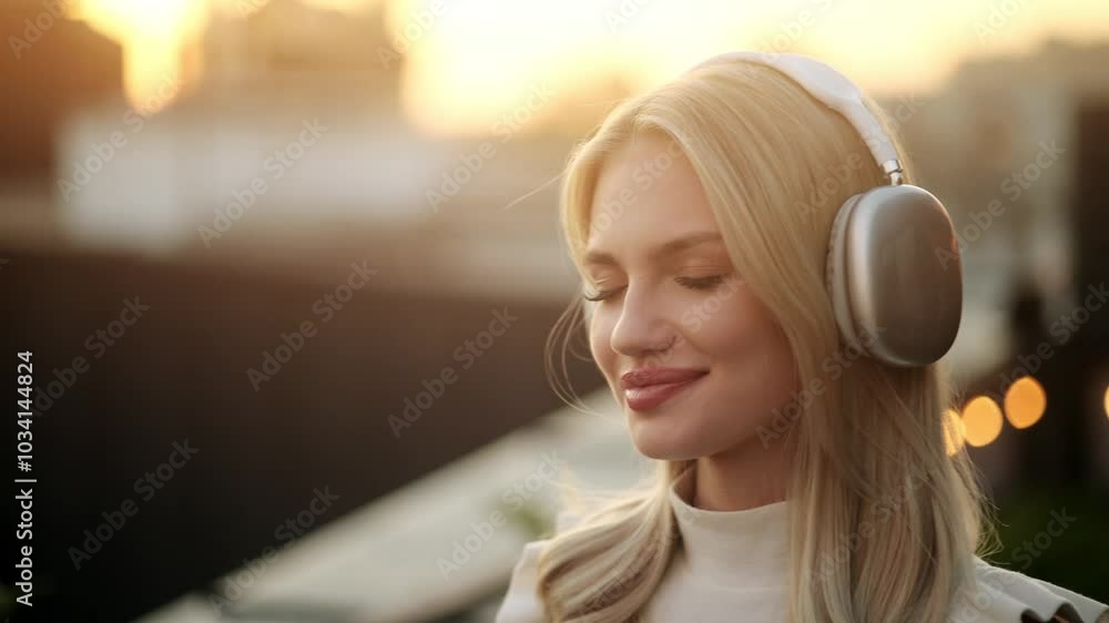 Enjoying a Relaxing Evening on a Rooftop while Wearing Headphones and Savoring the Atmosphere Enjoying a Relaxing Evening on a Rooftop while Wearing Headphones and Savoring the Atmosphere