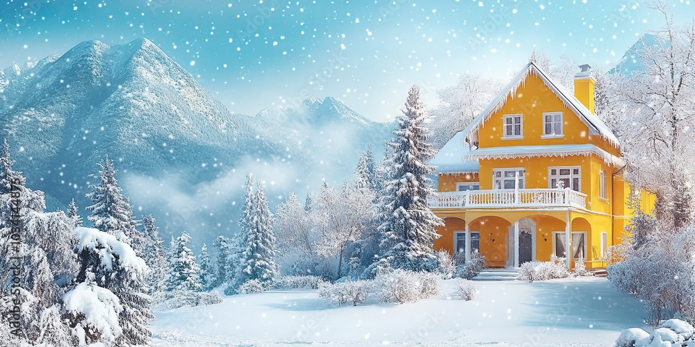 yellow winter house with trees and soft snowflakes on beautiful mountain view background yellow winter house with trees and soft snowflakes on beautiful mountain view background