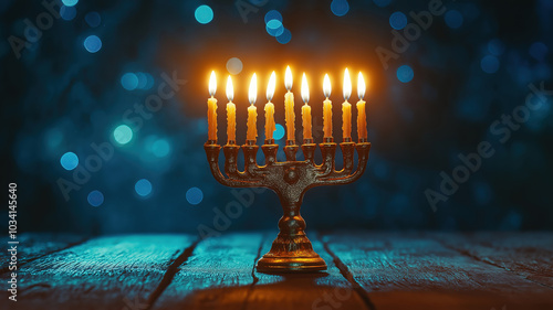 Inviting Display of Menorah on Wooden Table Surrounded by a Glow of Defocused Light