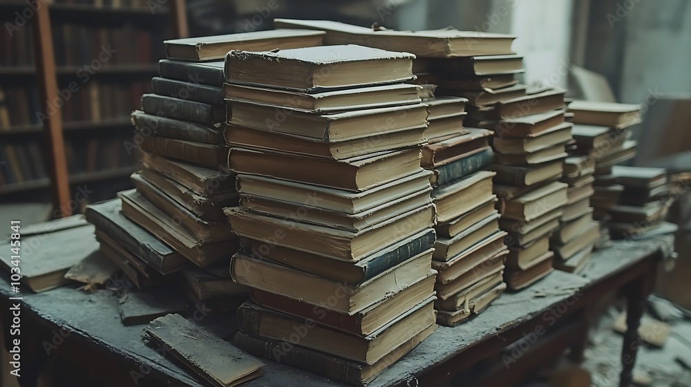 A pile of old, dusty books sit on a table in an abandoned library. A pile of old, dusty books sit on a table in an abandoned library.