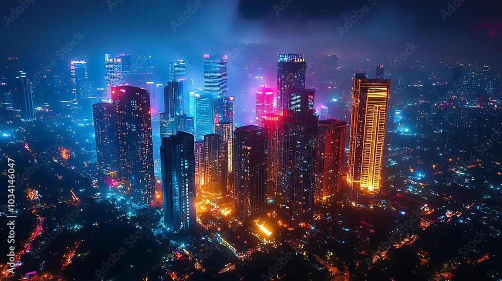 Fototapeta premium An aerial view of a modern city skyline at night with illuminated skyscrapers.