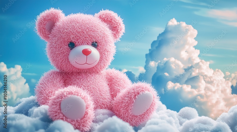 Fluffy Pink Teddy Bear in Dreamy Cloud Scene Fluffy Pink Teddy Bear in Dreamy Cloud Scene