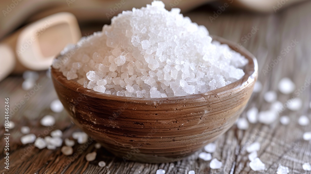 A bowl filled with coarse rock salt rests on a wooden table, showcasing its crystalline structure and natural beauty