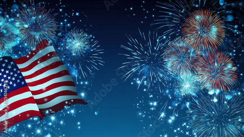 A background with an American flag and fireworks in a blue color scheme, for the background and with a place to copy the text.