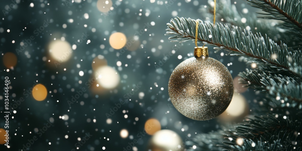 Merry Christmas and Happy New Year with a decorated Christmas tree festive background.