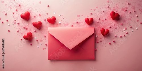 A red envelope with a pink background surrounded by scattered hearts and sprinkles for a romantic backdrop.