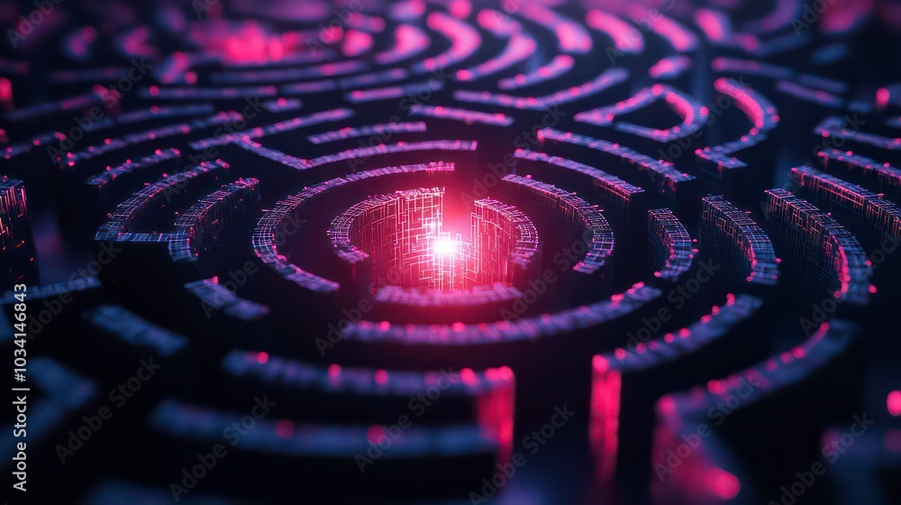 Abstract 3D rendering of a glowing light at the center of a complex circular maze, symbolizing a solution or a challenge. Abstract 3D rendering of a glowing light at the center of a complex circular maze, symbolizing a solution or a challenge.