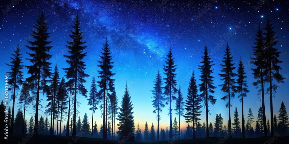 Obraz premium A Dark Forest Stands Tall Against a Vibrant Night Sky with a Milky Way Galaxy Shining Above