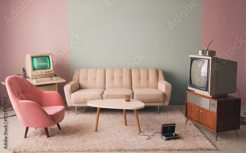 80s Pastel Living Room with Beige Couch, Retro Posters, and Vintage Technology