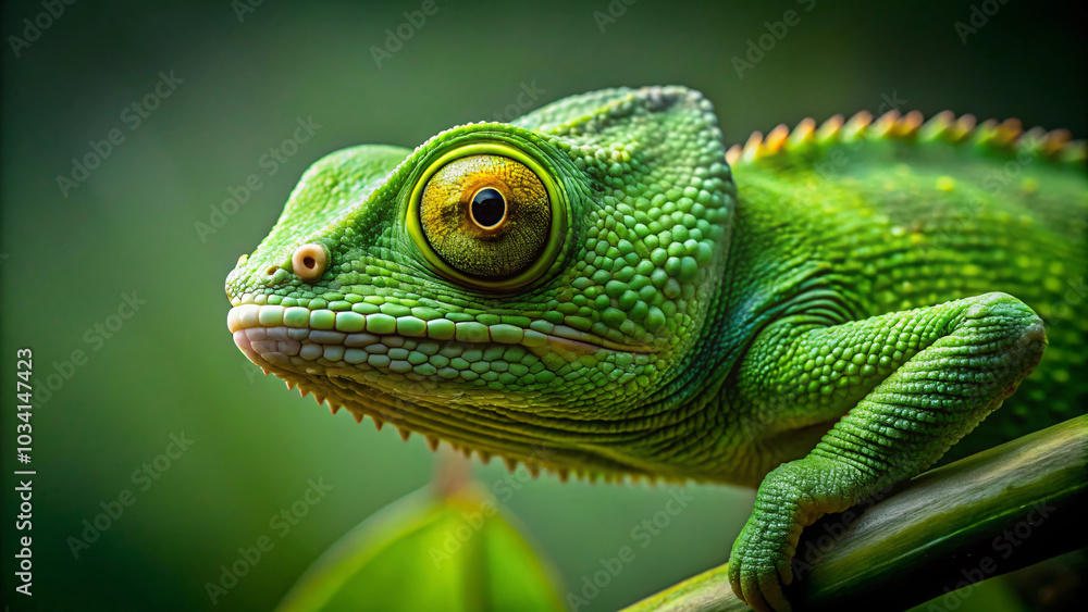 Green chameleon basking on a sunlit branch, vibrant green scales contrasting against the lush foliage Green chameleon basking on a sunlit branch, vibrant green scales contrasting against the lush foliage