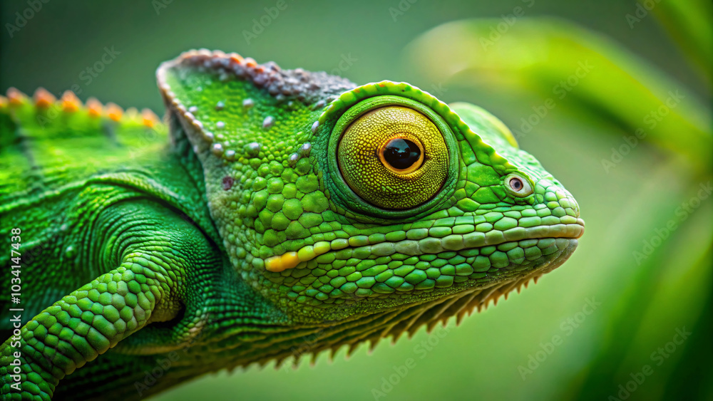 Green chameleon basking on a sunlit branch, vibrant green scales contrasting against the lush foliage Green chameleon basking on a sunlit branch, vibrant green scales contrasting against the lush foliage