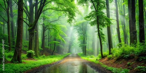 Serene Rainy Woods: Captivating Landscape Photography of Lush Green Forests and Gentle Rain