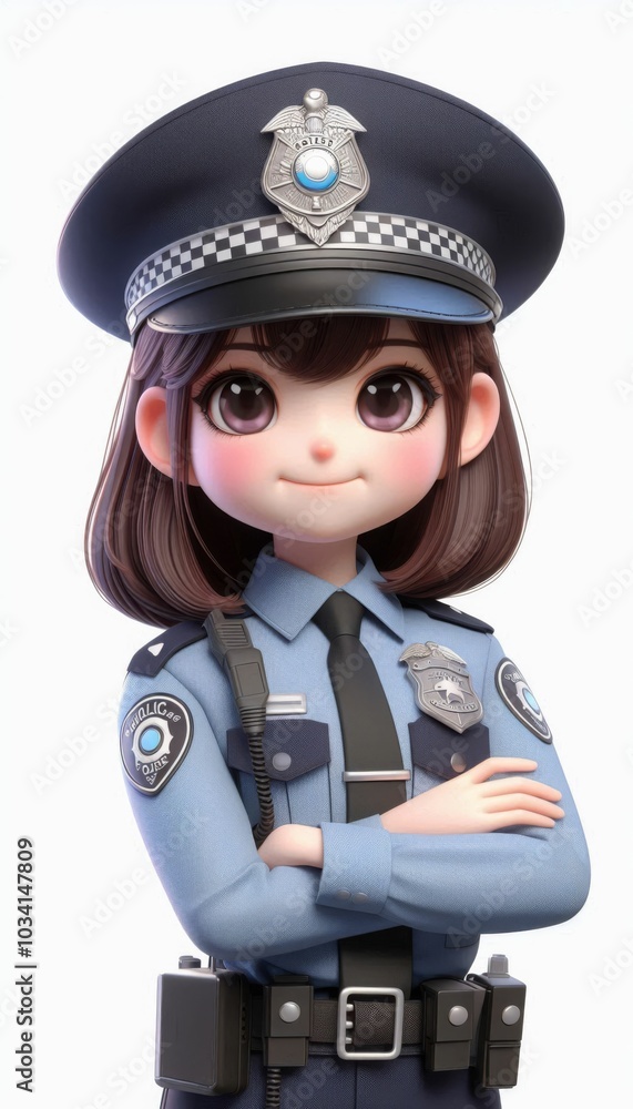 3d stylized of an little girl as a police. posing facing the camera, wearing a police uniform. Isolated on White background 3d stylized of an little girl as a police. posing facing the camera, wearing a police uniform. Isolated on White background