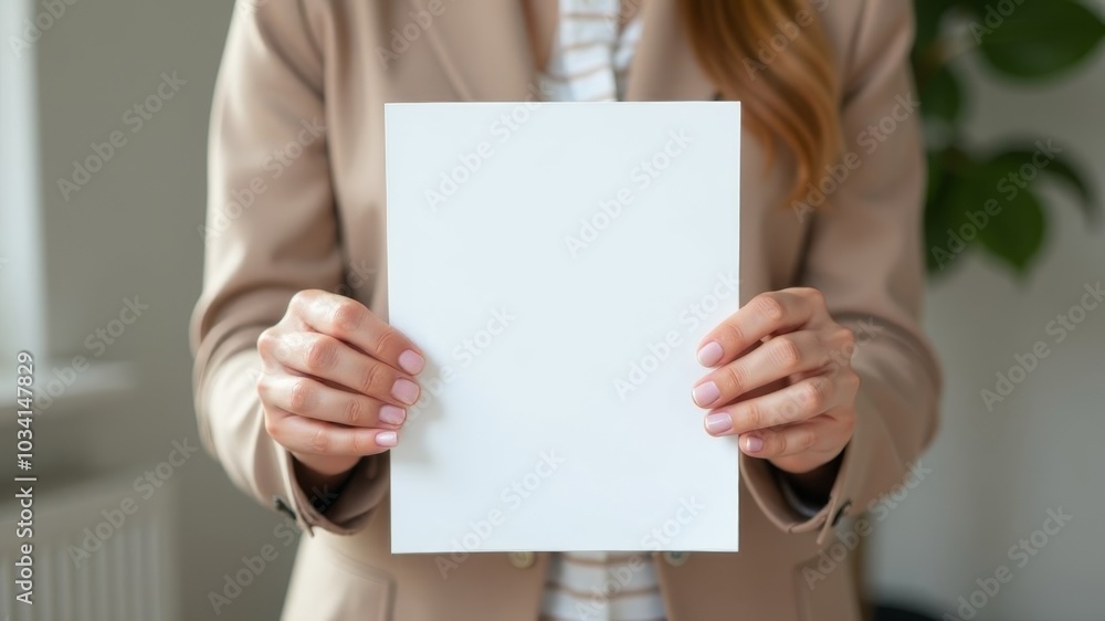 Women's hands hold an a4 sheet in their hands in front of them into the building Women's hands hold an a4 sheet in their hands in front of them into the building