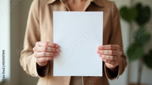 Women's hands hold an a4 sheet in their hands in front of them into the building