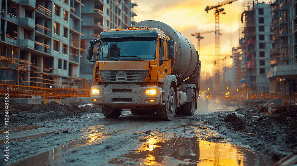 Concrete mixer truck on the road of a construction site Concrete mixer truck on the road of a construction site