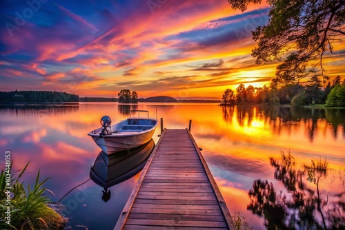 Serene Sunset on a Lake: Boat Tied to Wooden Pier in Evening Glow