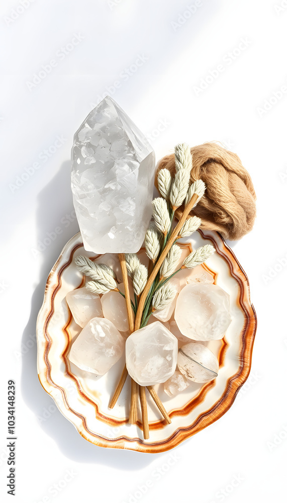 Clear quartz minerals, white sage bundle on abalone sea shell on light background. crystals for esoteric spiritual practice, relax, meditation, magic. incense for fumigation, cleansing. top view iso Clear quartz minerals, white sage bundle on abalone sea shell on light background. crystals for esoteric spiritual practice, relax, meditation, magic. incense for fumigation, cleansing. top view iso