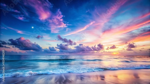 Serene Watercolor Pastel Sky Over Tranquil Ocean Waves - Perfect for Night Photography and Relaxation Themes