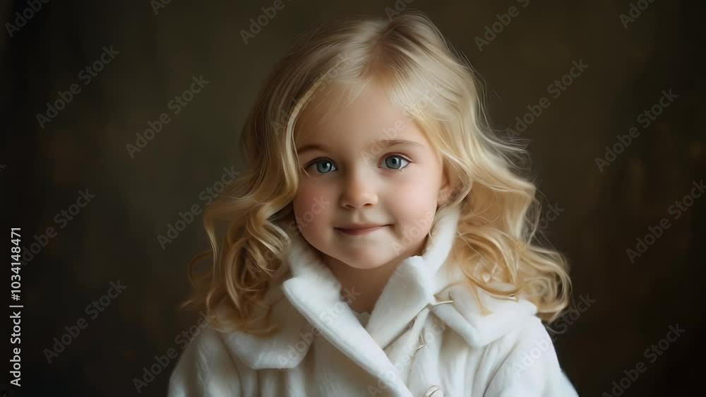 Blonde girl with light eyes looking at the camera, wearing a coat. Blonde girl with light eyes looking at the camera, wearing a coat.