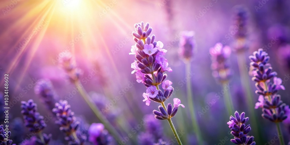 A single lavender stalk basks in the warm glow of the setting sun, surrounded by a field of its fragrant kin. A single lavender stalk basks in the warm glow of the setting sun, surrounded by a field of its fragrant kin.