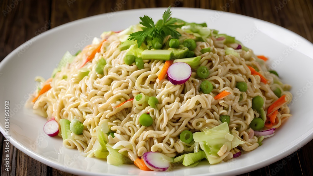 A colorful and appetizing bowl of ramen noodle salad, garnished with fresh vegetables, captured in vivid detail, showcasing a delicious meal option in a vibrant, fresh presentation A colorful and appetizing bowl of ramen noodle salad, garnished with fresh vegetables, captured in vivid detail, showcasing a delicious meal option in a vibrant, fresh presentation
