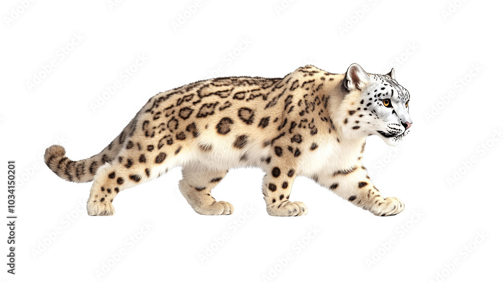 Snow leopard in motion, white isolated background. Snow leopard in motion, white isolated background.