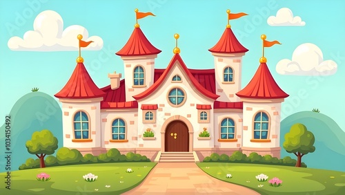 Cute cartoon castle wall with many windows, playful background, bright colors, whimsical shapes, early elementary school theme, friendly faces, colorful curtains, cheerful atmosphere, fantasy storyboo photo