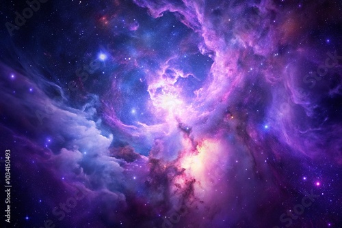 Purple gas nebulae in space and sparkling stars