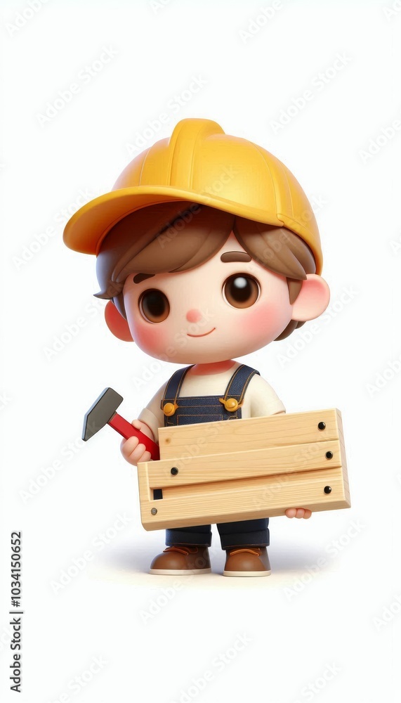 3D Stylized Character of a boy as a carpenter. is making a piece of furniture while holding a carpenter's tools. Isolated on White background 3D Stylized Character of a boy as a carpenter. is making a piece of furniture while holding a carpenter's tools. Isolated on White background