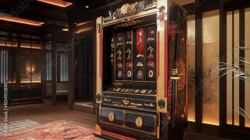 Samuraithemed slot cabinet with katana lever and bonus game photo