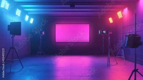 A modern studio space with colorful lighting and a blank screen for presentations or filming.