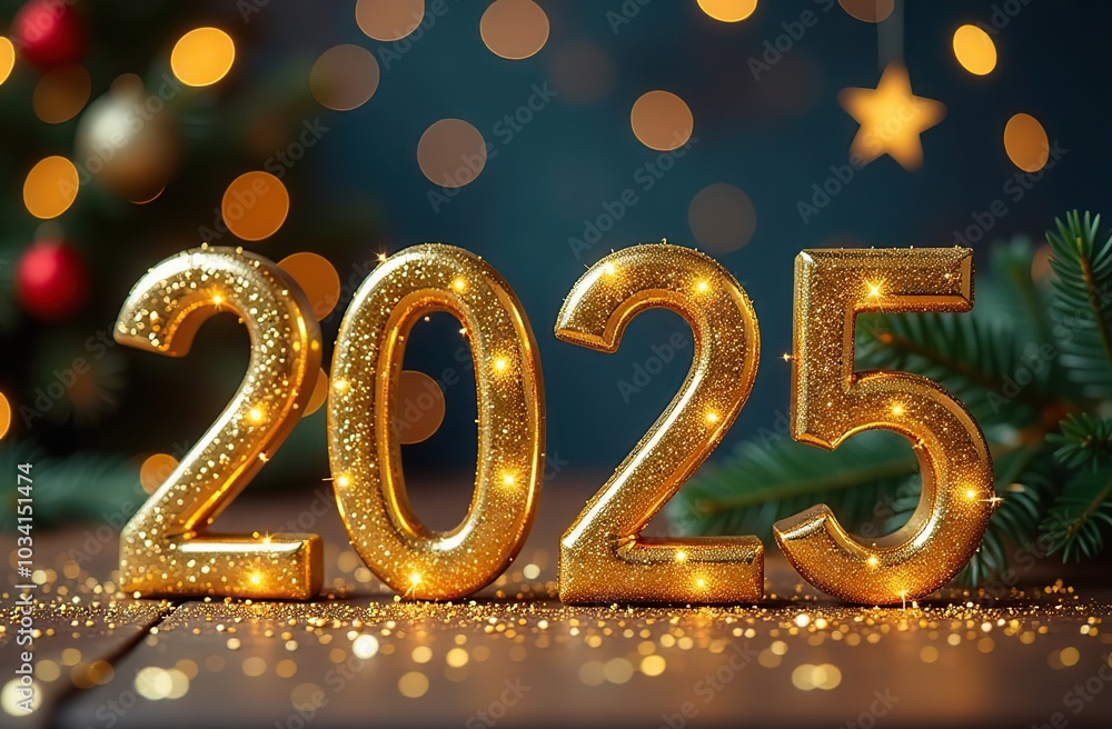 Creative Christmas and New Year background with golden champagne bottle, party decorations, confetti stars and 2025 numbers Creative Christmas and New Year background with golden champagne bottle, party decorations, confetti stars and 2025 numbers