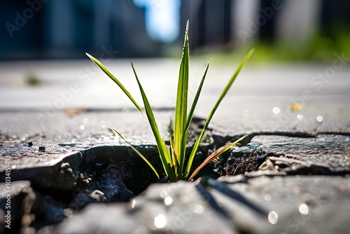 A single blade of grass pushing through a crack in a concrete sidewalk, representing the simplicity and resilience of nature in an urban setting photo