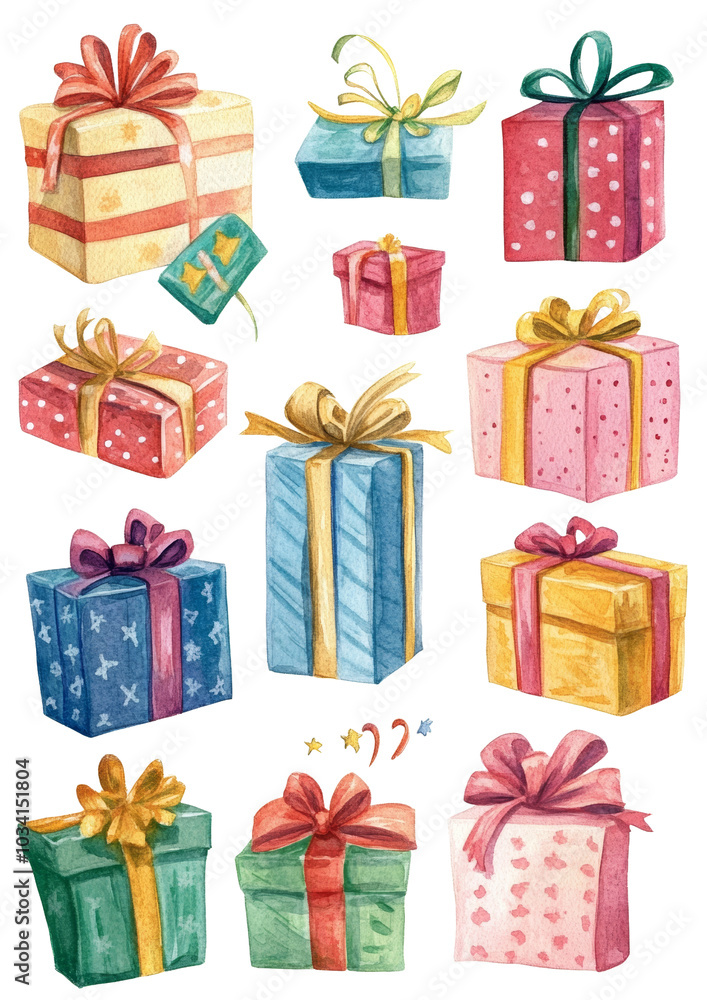A collection of colorful gift boxes with ribbons on a white background, perfect for celebrations and special occasions. A collection of colorful gift boxes with ribbons on a white background, perfect for celebrations and special occasions.