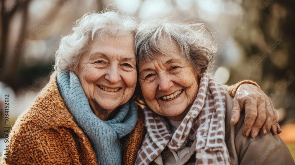 Joyful old friends looking at camera and smiling stock photo Joyful old friends looking at camera and smiling stock photo