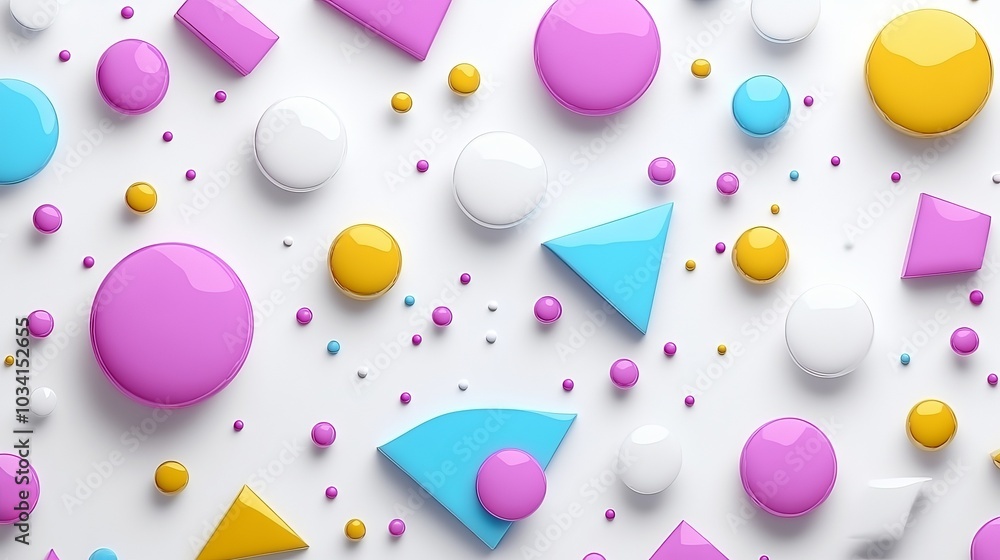 Abstract background of colorful geometric shapes and small dots on white surface. Abstract background of colorful geometric shapes and small dots on white surface.
